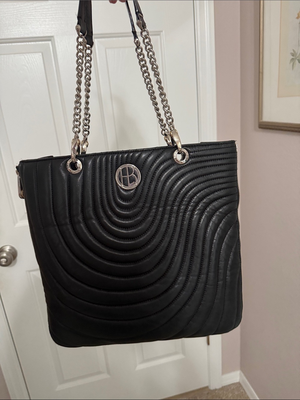 henri bendel Black Quilted Tote with Chain Handles